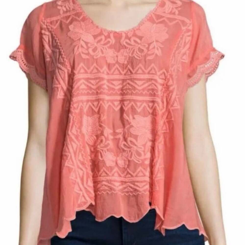 JOHNNY WAS Coral Embroidered Short Sleeve Blouse Top